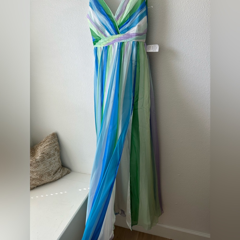 MAC DUGGAL | blue green multicolor stripe plunge maxi gown 4 - Picture 12 of 14